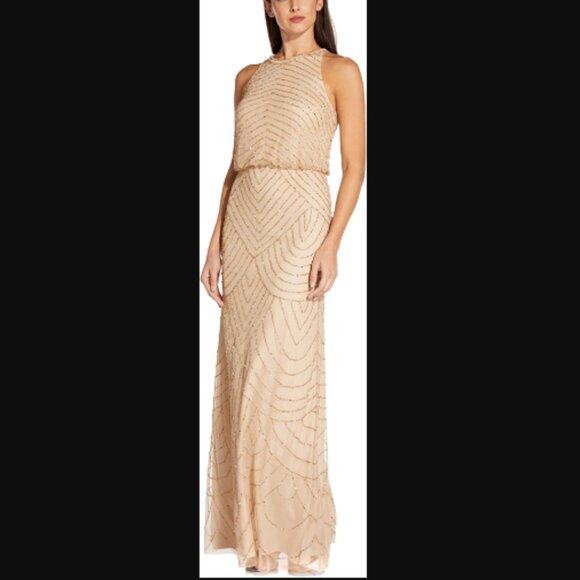 NWT Adrianna Papell Champagne Art Deco Beaded Gown, size 12 - Picture 3 of 10